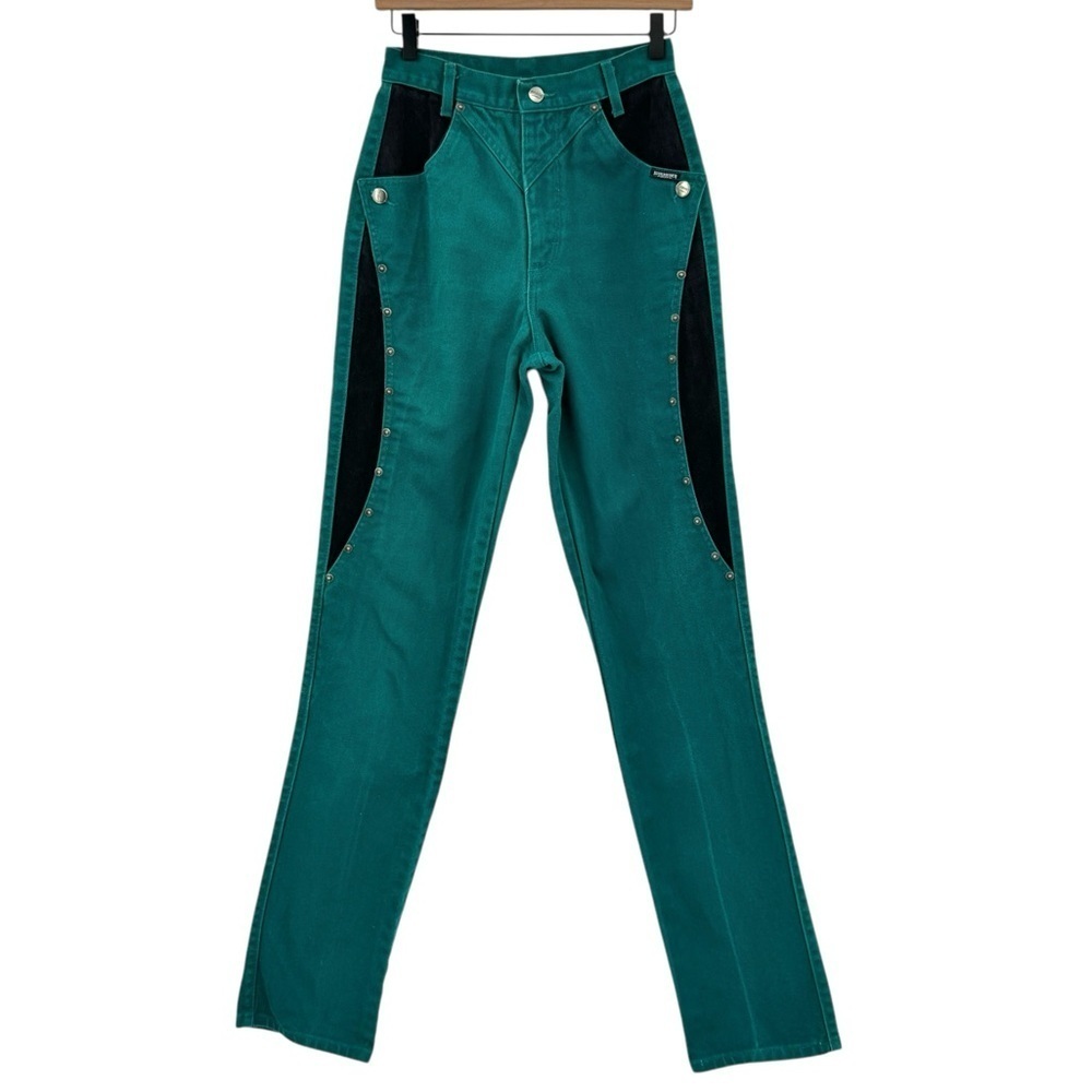 Vintage Roughrider Western Jeans High Waisted Embellished Cut Out Teal Black 24" - Picture 2 of 9
